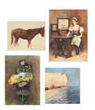 The flower seller; girl sewing; white cliffs and a horse by Hilda Carline, Watercolour The last with inscription Hilda's last watercolour/Done at Repton Summer, sold Jul 2026