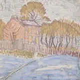 Red house with trees by Gwen John, Gouache and watercolour over pencil on grey paper, sold Jul 2026