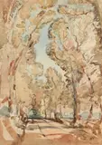 An avenue of trees by Henry Tonks, Pencil, pen and brown ink and watercolour on buff paper, sold Jul 2026