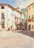 Figures in a street, camprodon by Emily Sargent, 1902, Watercolour, sold Jul 2026
