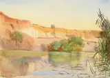 Looking across the water towards a cliff by Emily Sargent, 1904, Watercolour, sold Jul 2026