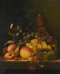 Still life of peaches, grapes and raspberries by Edward Ladell, Oil on canvas, sold Jun 2026