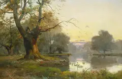 Swans at sunset in a river landscape by Alfred Fontville de Breanski, Oil on canvas, sold Jun 2026