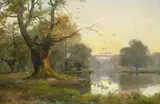 Swans at sunset in a river landscape by Alfred Fontville de Breanski, Oil on canvas, sold Jun 2026