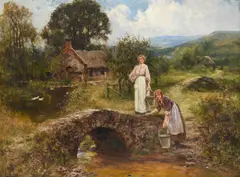 Young women by a bridge in a country landscape by Yeend King, Oil on canvas, sold Jun 2026