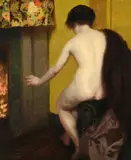 Nude by a fire by Alfred Jonniaux, Oil on canvas Indistinctly signed, sold Jun 2026