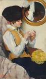 Portrait of a woman sewing by a mirror by Jules Lentrein, Oil on canvas, sold Jun 2026