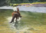 Figure on a horse fording a river by Pedro Ribera, Oil on canvas, sold Jun 2026