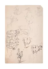 Various studies of figures and cattle by George Chinnery, Pencil, pen and ink, sold Jun 2026