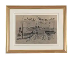 Harbour scene by Pietro Annigoni, Ink and pastel on buff paper, sold Jun 2026