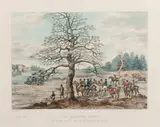Fox Hunting, a set of 4:  Meeting - Colonel Jollyffe's Hounds Meeting at Chipstead Church; Fox Breaking Cover - At Upper Gatton seat of the Duke of St Albans; Full Cry - Hounds Crossing the Brighton Road at Mersham; Fox Run to Earth - View of Popes Pit, near Walton Heath by Dean Wolstenholme the younger, hand-coloured aquatints, offered Jun 2014