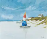 Beach with Catamarans by J. Sauls, Oil on Canvas, sold Jun 2024