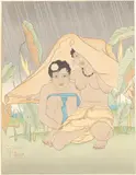 Women Sheltering from Rain by Paul Jacoulet, Woodblock Print, sold Feb 2024