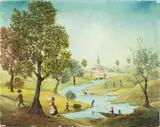 River Landscape with Figures by Mimma Indelli, Oil on Board, sold Feb 2024