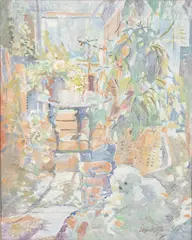 Patio with Dog by Myrtle Jones, 1979, Acrylic on Canvas, sold Feb 2024