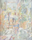 Patio with Dog by Myrtle Jones, 1979, Acrylic on Canvas, sold Feb 2024