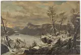 Snow River Landscape with Stag by Charles Themmen, 1871, Oil on Canvas, sold Feb 2024