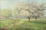 Sheep with Flowering Trees by Verner M. White, 1918, Oil on Board, sold Feb 2024