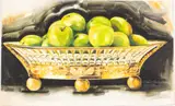 Apples in Centerpiece by Marty Whaley Adams, 1991, Watercolor on Board, sold Feb 2024