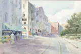 River Street by Guy Milligan, 1959, Watercolor, sold Feb 2024