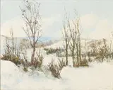 Snowscape with Trees by L.C. Mitchell, 1974, Oil on Board, sold Feb 2024