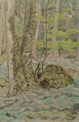 Rocher au pied de deux troncs ; en forêt d’Écouves by Paul Ranson, Pastel, sold Oct 2026