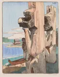 Siwash House Posts, Tsatsisnukomi, British Columbia by Walter J. Phillips, colour woodcut on paper, sold Jul 2026
