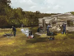 Fixing the House by Allen Sapp, acrylic on canvas, sold Jul 2026