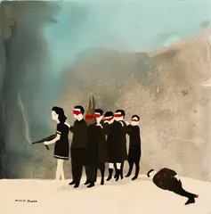 None of us can escape by Marcel Dzama, 2004, oil and acrylic on board, sold Jun 2026
