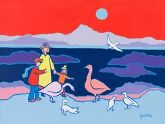 Feeding the Geese by Ted Harrison, 1995, acrylic on canvas, sold Jun 2026