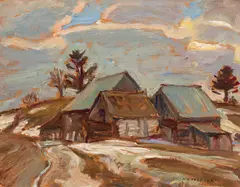 Barns Near Lac Simon, Que by A. Y. Jackson, 1966, oil on board, sold Jun 2026