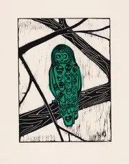 Owl by Kim Dorland, 2018, colour woodcut on paper, sold Jun 2026