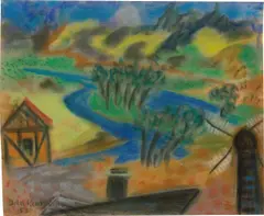 Flusslandschaft mit Mühle und Fachwerkhaus by Ida Kerkovius, 1953, Pastell auf Papier, sold Jul 2020