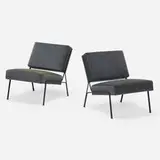 G2 lounge chairs, pair by Joseph-André Motte and Michel Mortier Pierre Guariche, c. 1955, velvet upholstery, enameled iron, sold Jun 2023