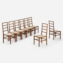 Ladder dining chairs, set of eight by Tyler Hays, c. 2015, walnut, upholstery, sold Jun 2023