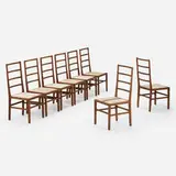 Ladder dining chairs, set of eight by Tyler Hays, c. 2015, walnut, upholstery, sold Jun 2023