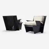 Arighi lounge chairs, pair by Umberto Riva, 1986, lacquered beech plywood, upholstery, sold Jun 2023
