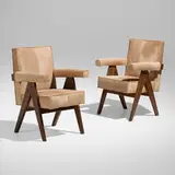 Committee chairs from High Court, Chandigarh, pair by Pierre Jeanneret, c. 1953, teak, cowhide, sold Jun 2023