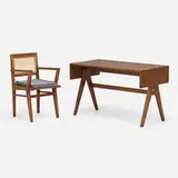 Desk and clerk's chair from Chandigarh by Pierre Jeanneret, c. 1955, teak, cane, upholstery, sold Jun 2023