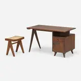 Desk and stool from Chandigarh by Pierre Jeanneret, c. 1960, teak, cane, zinc, sold Jun 2023
