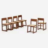 Chairs from Punjab University, Chandigarh, set of six by Pierre Jeanneret, c. 1960, teak, cane, upholstery, sold Jun 2023