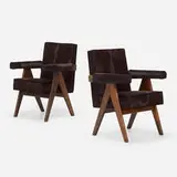 Committee chairs from High Court, Chandigarh, pair by Pierre Jeanneret, c. 1953, teak, cowhide, sold Jun 2023