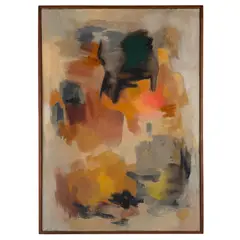 AbstractWith orange, coral, and navy by Ruth Armer, Oil on canvasSigned l/l31in. x 44in (79cm. x 112cm)Bearing label verso; San Fran, offered Mar 2025
