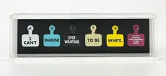 Tags are mounted in by Daniel Joseph Martinez, acrylic case. Case approx. 8.5 in. L x 1.5 in. W x 2.5 in. H. Weight: 1 lb. Dani, offered Feb 2024