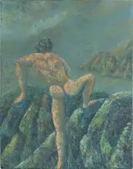 Naked Cliff Climber by Bernard, Oil and encaustic on canvas, offered Dec 2024