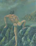 Naked Cliff Climber by Bernard, Oil and encaustic on canvas, offered Dec 2024