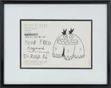 Raymond by Hervé Di Rosa, 1984, Ink drawing of a three-legged creature on a Tony Shafrazi gallery postcard, offered Dec 2024