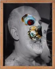 Corndog (Blackhead) by Bill Beccio, 1993, Collage mixed media in plexiglass box, offered Dec 2024