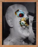 Corndog (Blackhead) by Bill Beccio, 1993, Collage mixed media in plexiglass box, offered Dec 2024