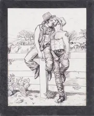 Kissin Cowboys (Self Portrait of Erotic Artist Marc Debauch and his lover Eduardo Parra) by Marc DeBauch, 1997, Gouache on paper, offered Oct 2024